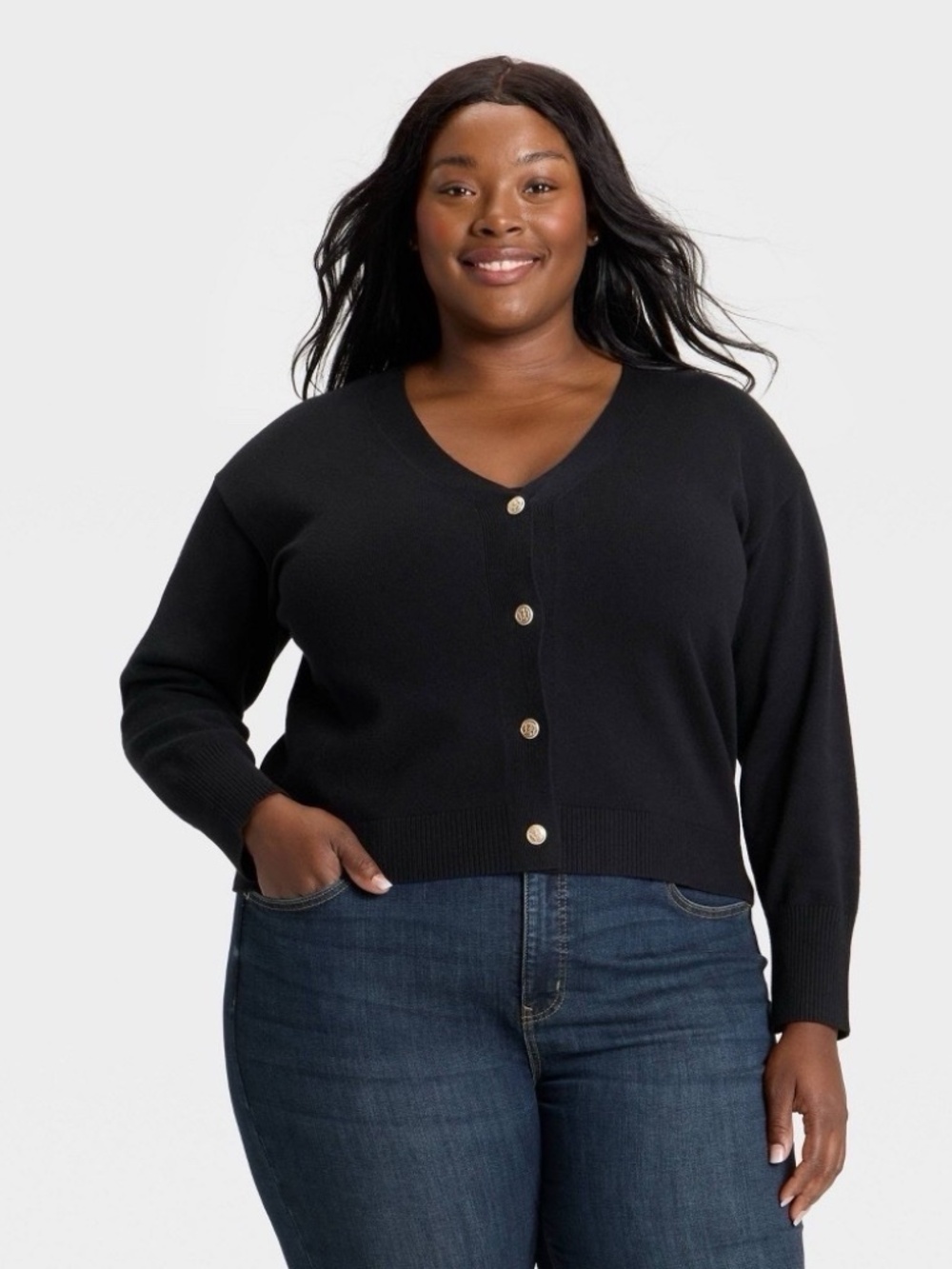 Ava & Viv Black V-Neck Button Cardigan